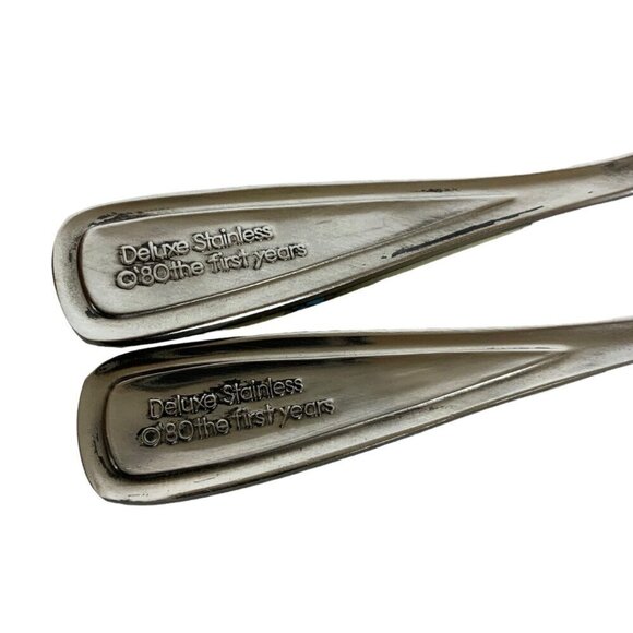 Vtg The First Years Deluxe Stainless Baby Spoon Fork Set Pearlized Handles Blue - Picture 4 of 4